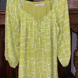 Cato Lime Green and White Geometric Peasant Top